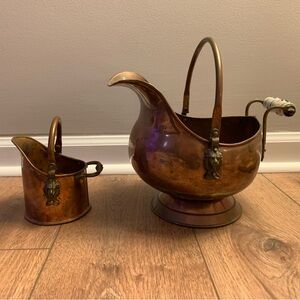Antique solid copper coal scuddle buckets set of two